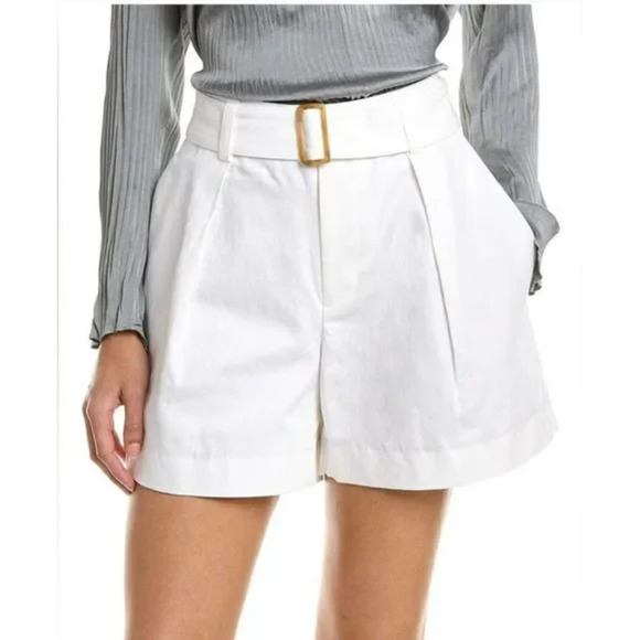 VINCE Belted Linen Blend Twill Shorts White 8 - Picture 1 of 9